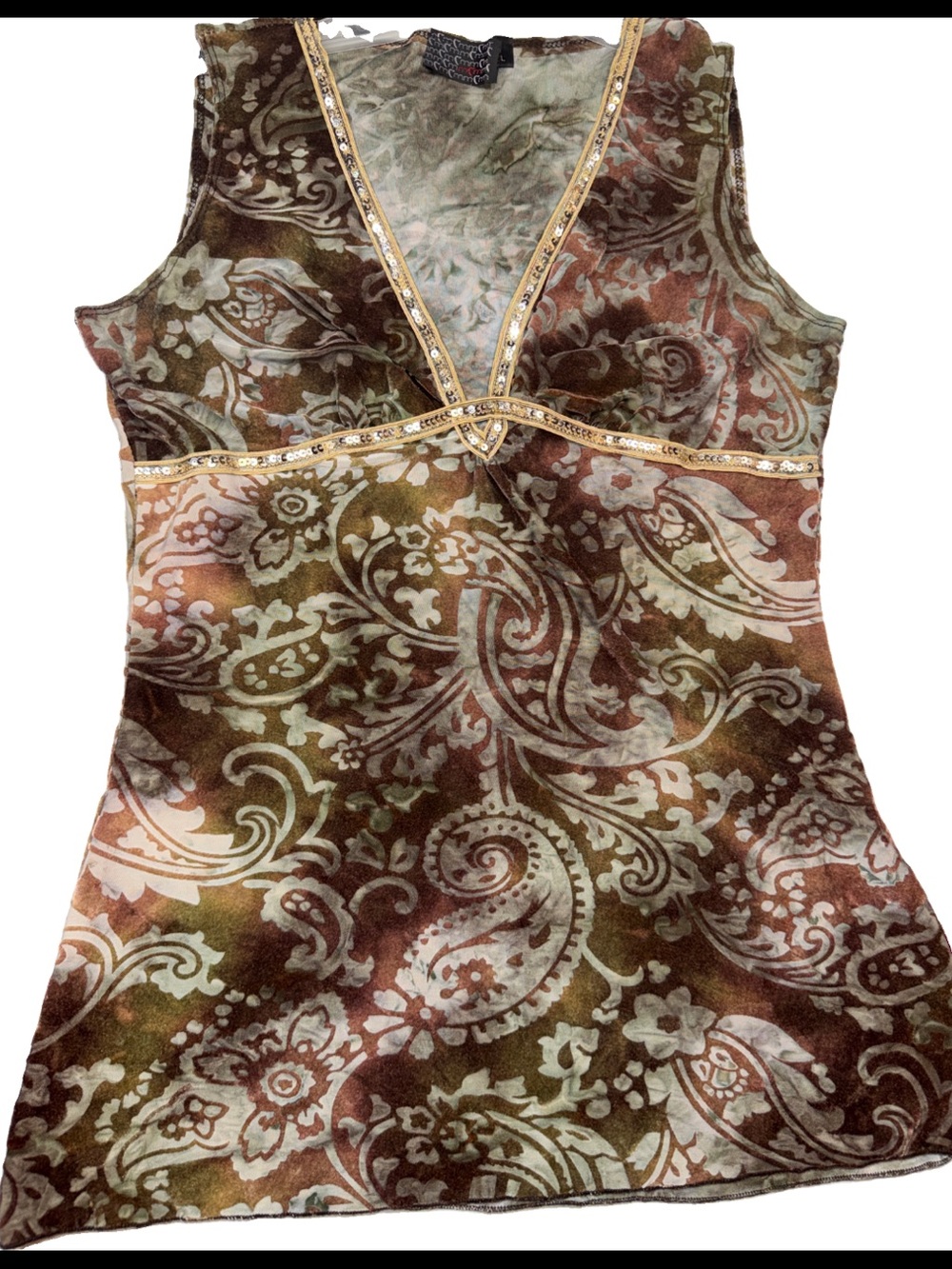 MCM Y2K Brown Velvet Green Paisley V Neck Sleeveless Sequin Top Women’s LG, USA
